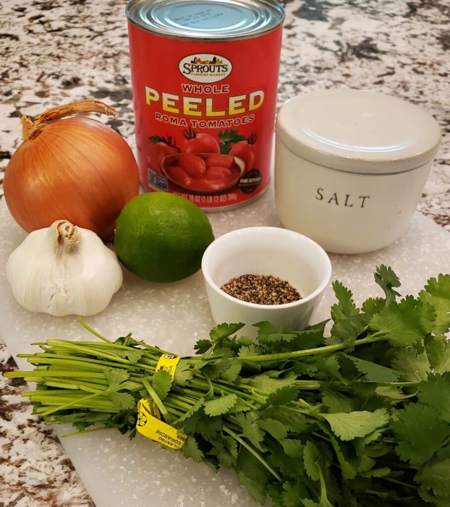 Photo of the ingredients needed for the quick and easy homemade salsa recipe.